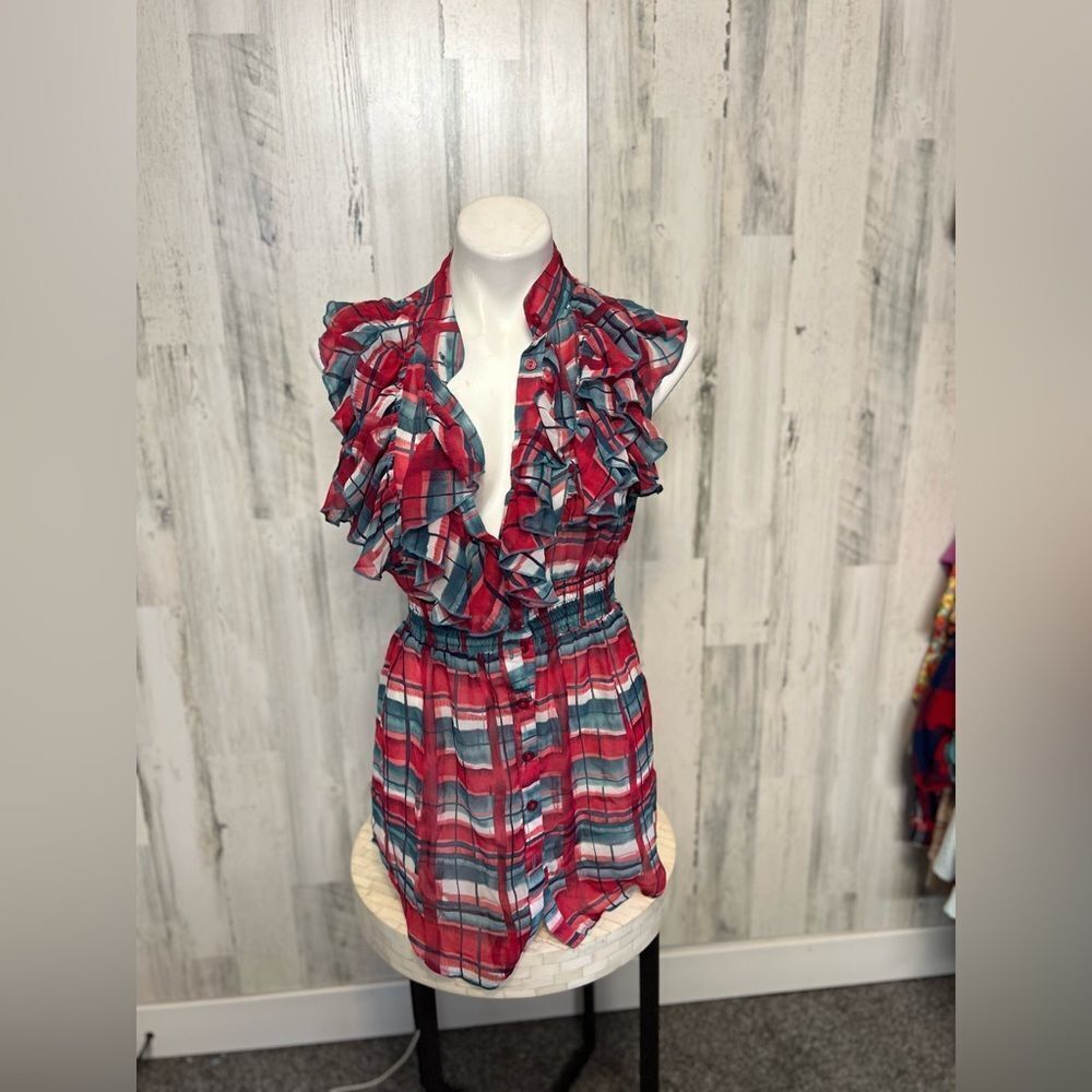 Arden B Red Plaid Ruffle Sleeveless Mini Dress Women’s Size Small Lightweight Bu